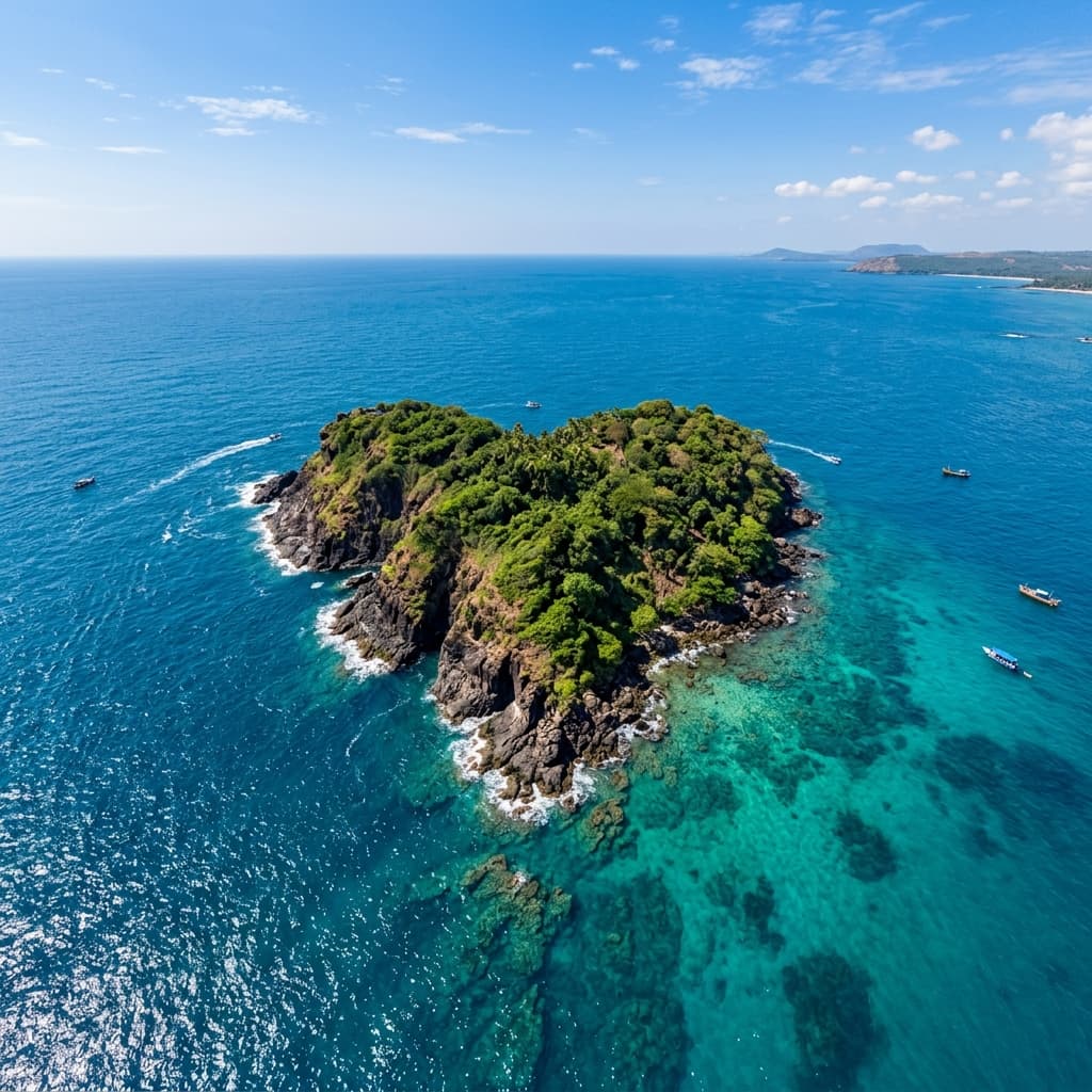 Aerial view of the heart-shaped Netrani Island in the blue sea