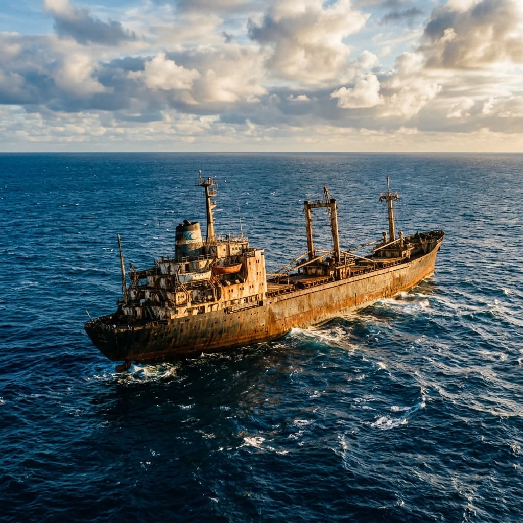 Large rusted shipwreck listing to one side in the ocean