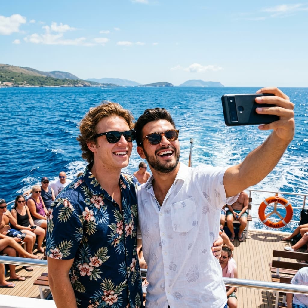 Two men with sunglasses taking a selfie on the boat deck