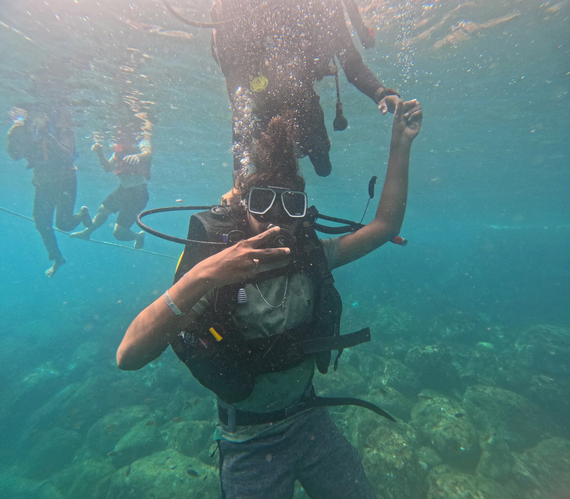 Deep underwater exploration and clear ocean visibility during a Murudeshwar dive trip